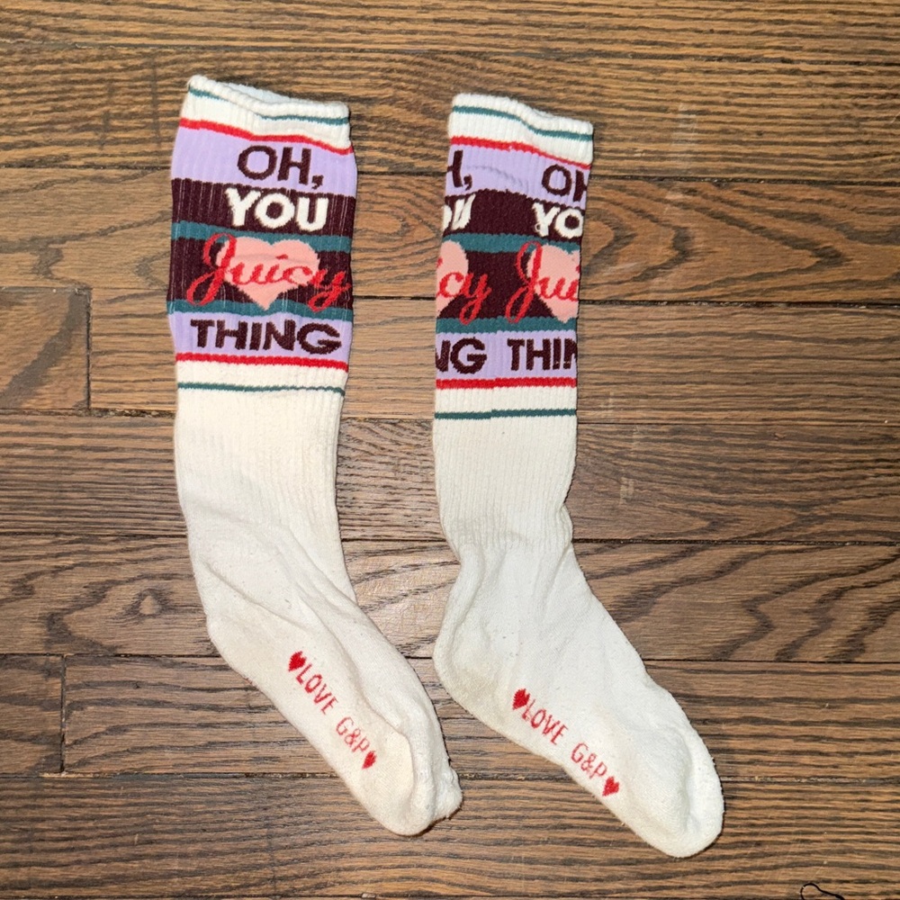 Juicy Couture White Crew Socks with Multicolor Stripe and Script Accents